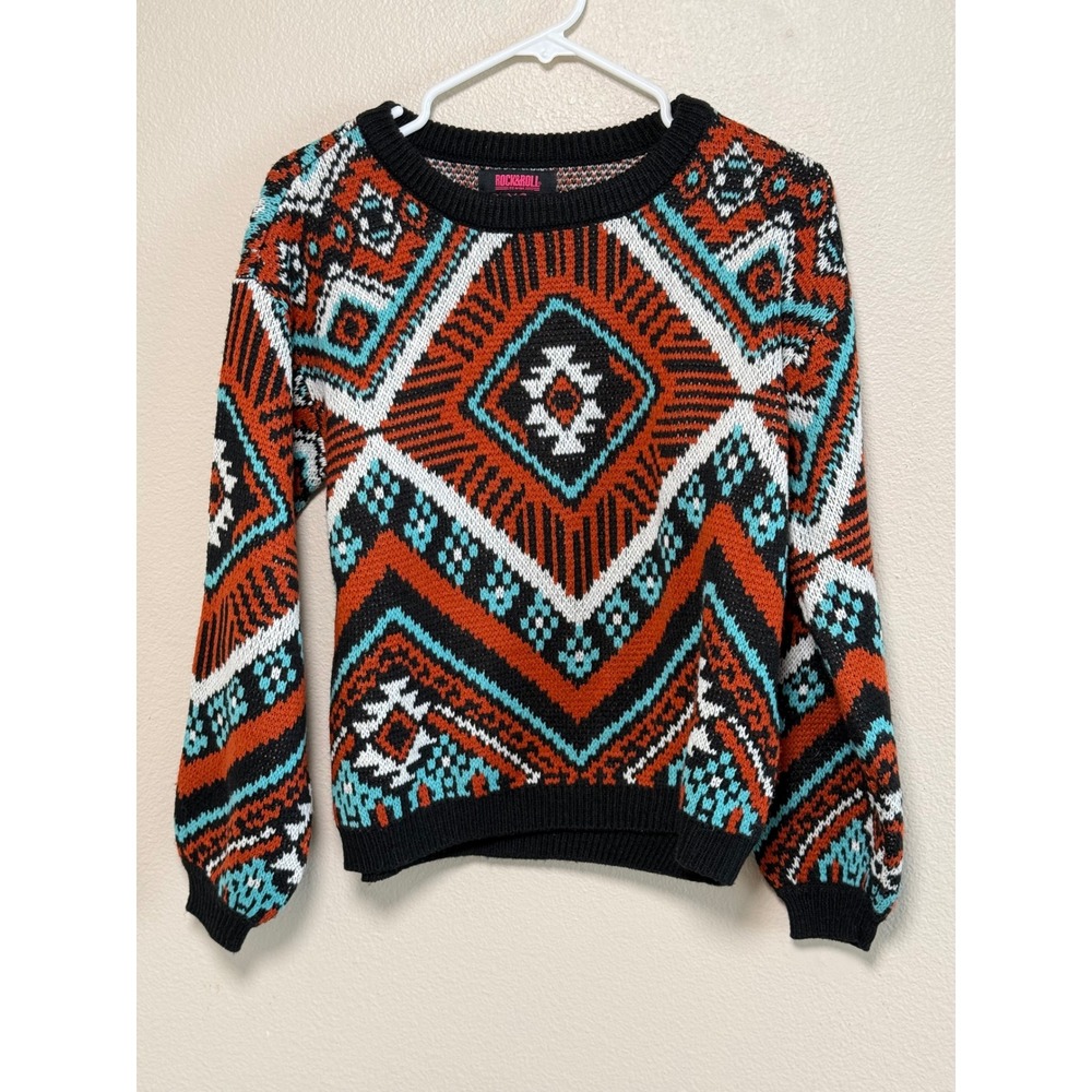 Rock and Roll Denim Womens Southwestern Geometric Knit Sweater XS Orange Blue